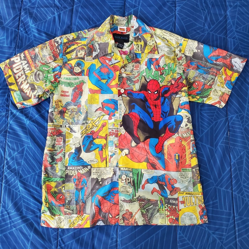 Ralph Marlin 2011 Marvel Comics Spider-Man Button Shirt Men L All Over Print AOP